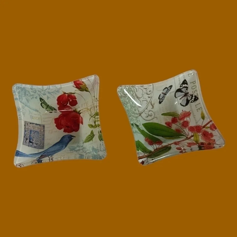 Set of 2 Paris floral bird & stamp s small glass bowl